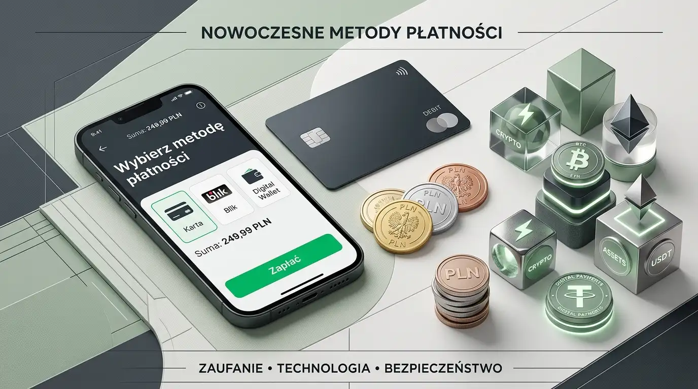 Schemat płatności w PLN z kartą, płatnością mobilną i kryptowalutą