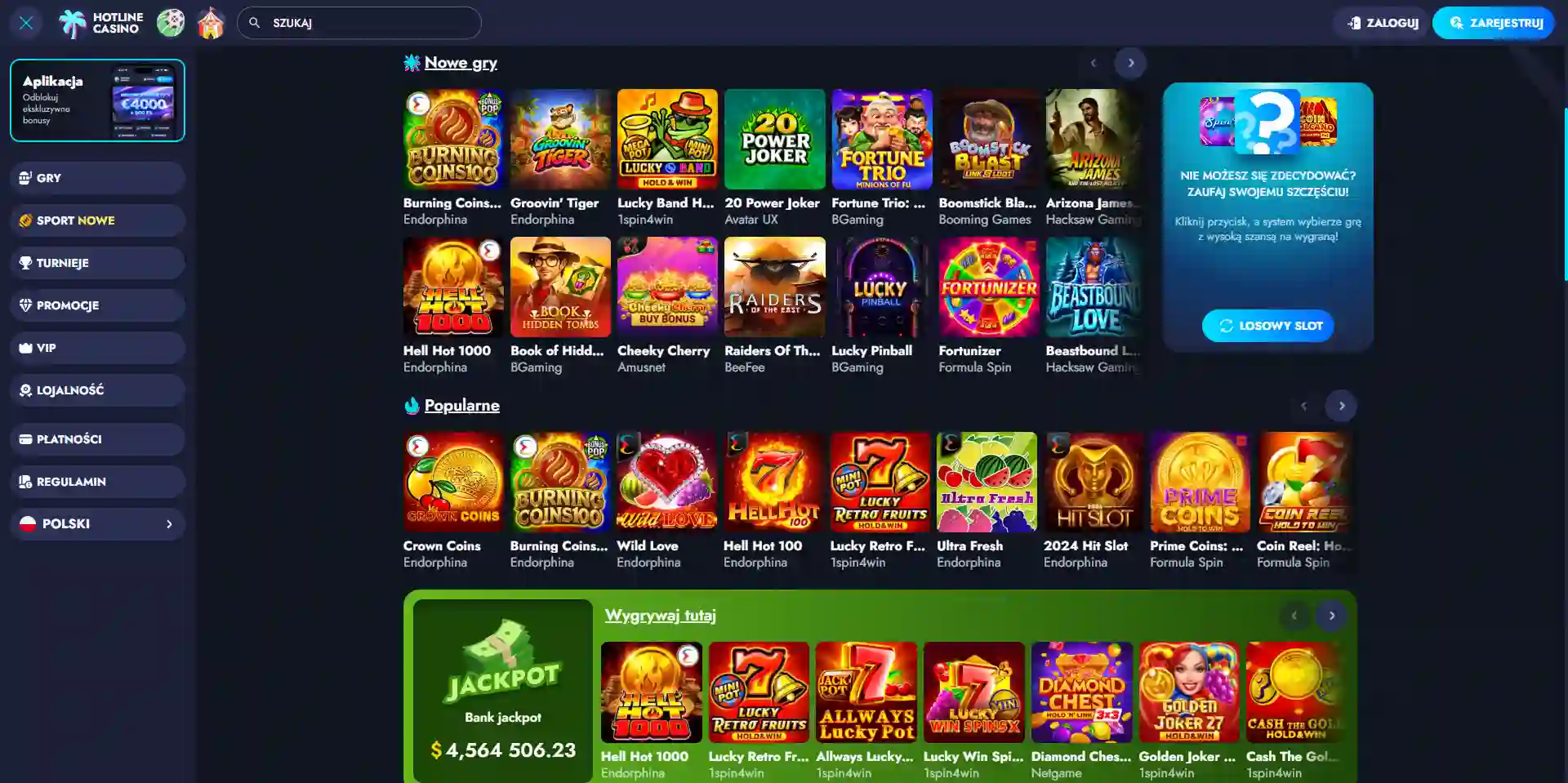 Aktualny katalog gier Hotline Casino z kategoriami i nazwami dostawców