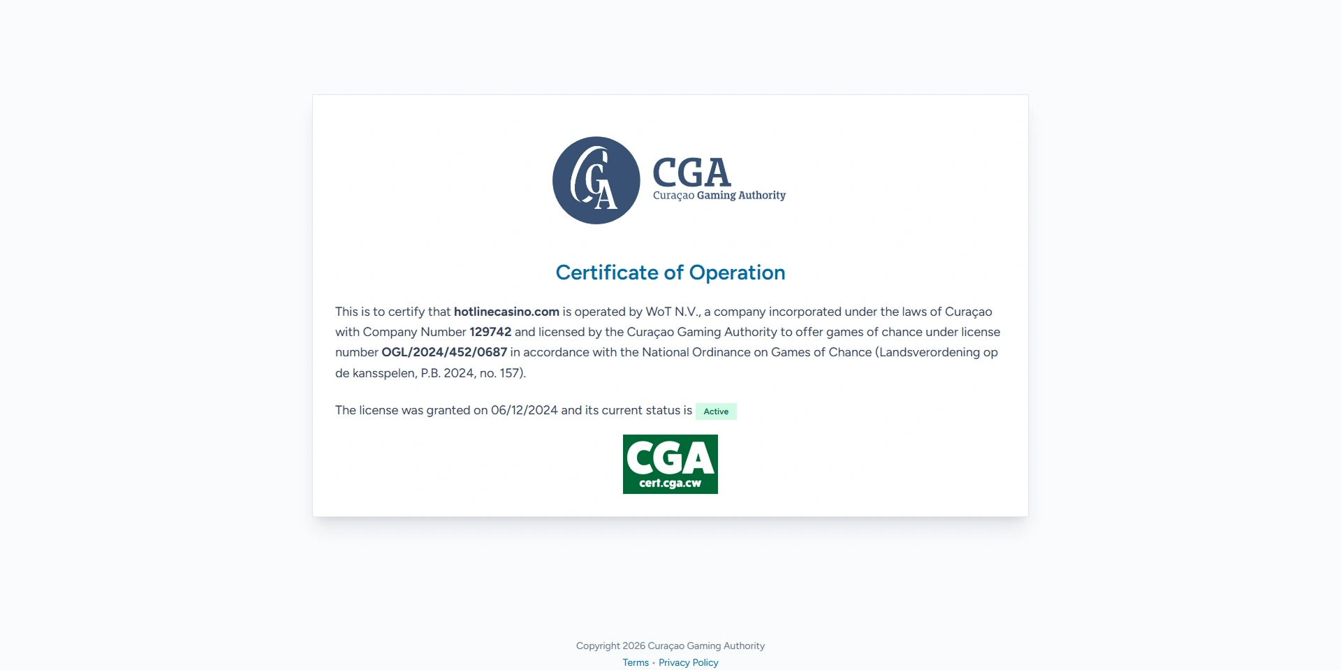Certyfikat Curaçao Gaming Authority dla hotlinecasino.com z operatorem WoT N.V. i numerem licencji